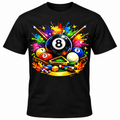 Black T-shirt with colorful 8-ball billiards graphic centered on the front