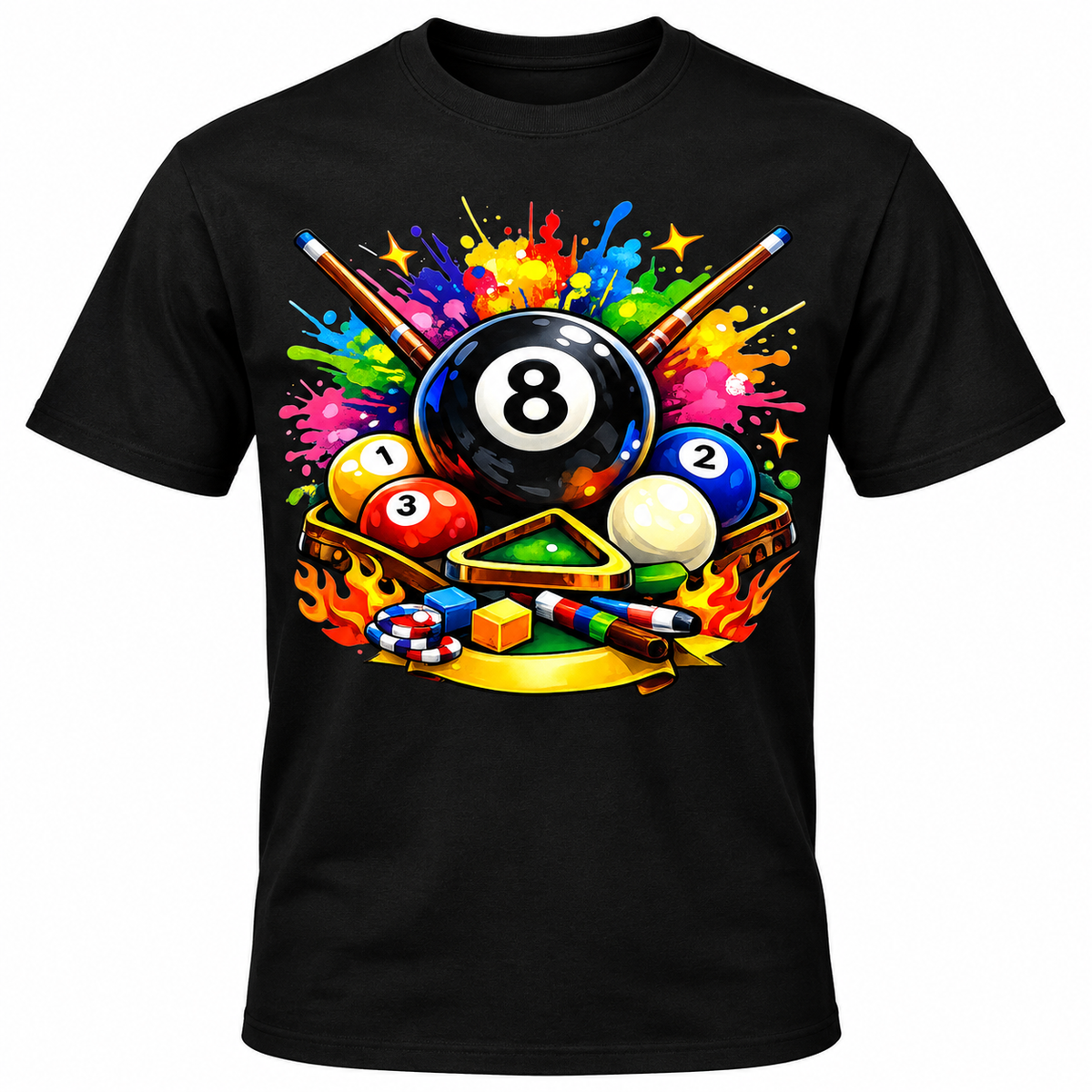 Black T-shirt with colorful 8-ball billiards graphic centered on the front