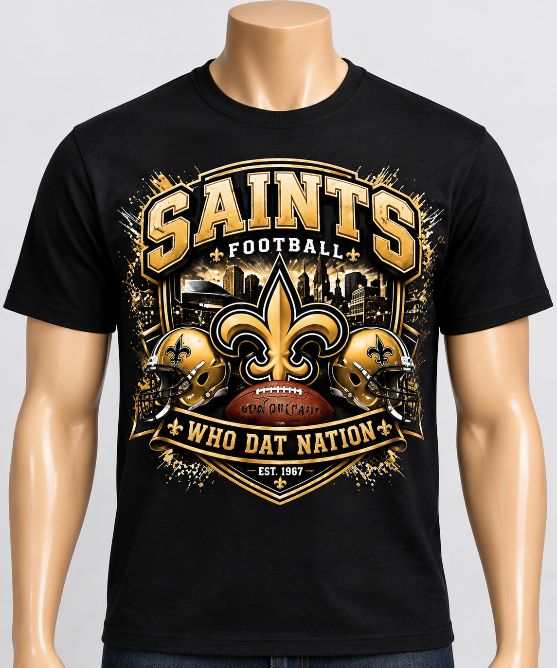 Black T-shirt on mannequin with gold and black Saints football and Who Dat Nation graphic