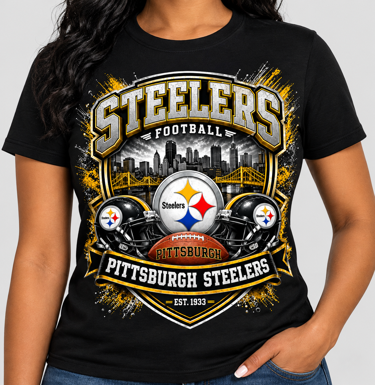 Pittsburgh Steelers football graphic on a black T-shirt